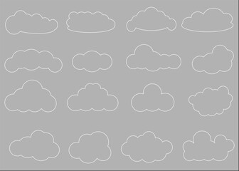 Collection of white clouds illustrations. Vector set of cartoon clouds in flat design.Clouds with rain. PNG