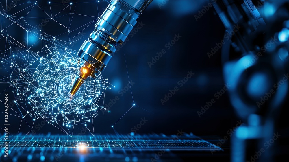 Poster futuristic robotic arm creating a digital network in a sci-fi setting.