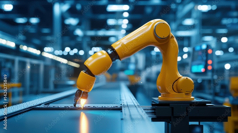 Poster automated robotic arm welding on factory assembly line in a modern industrial setting.