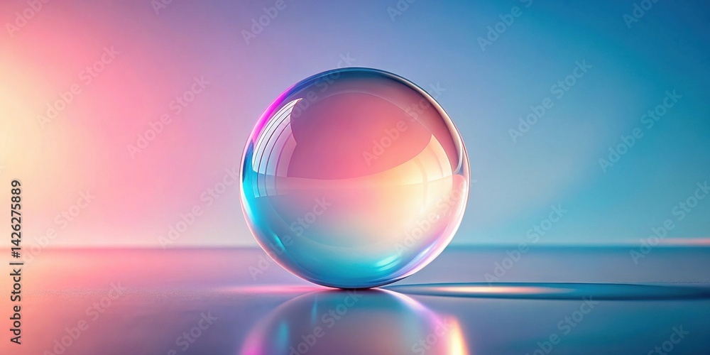 Aufkleber a translucent sphere rests on a reflective surface, bathed in a soft gradient of pastel hues.