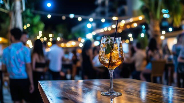A glass of drink stands on a polished wooden table at night in a busy restaurant. Soft lighting and a crowd of people enjoying the evening set the mood for a joyful celebration or