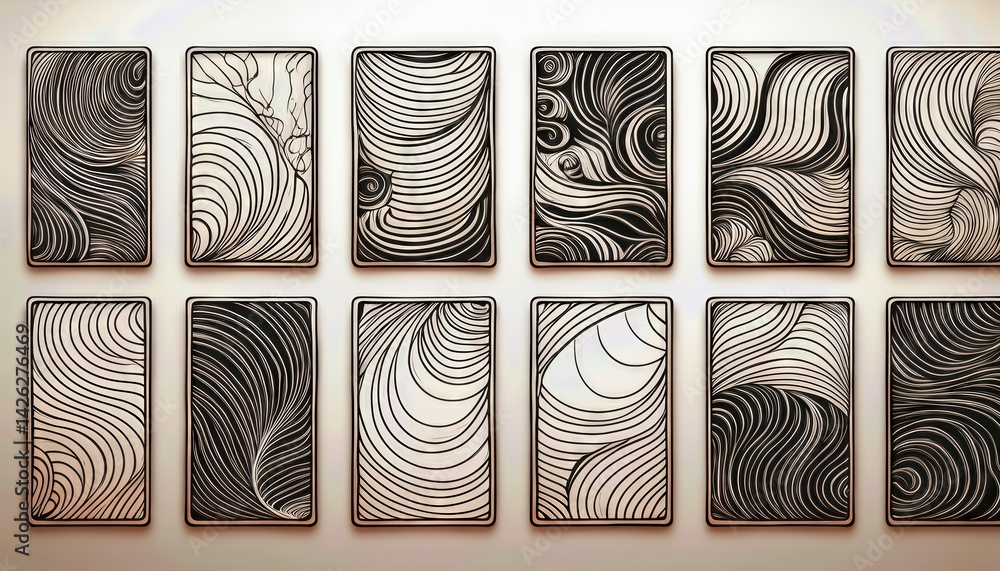 Poster stylish frames showcasing trendy doodle borders with geometric patterns and curved shapes in a vibra