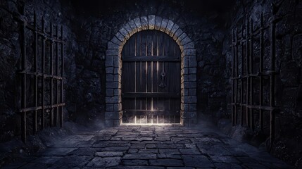 Obraz premium Castle dungeon with heavy wooden doors, ironbarred cells, and a mysterious glowing portal in the distance