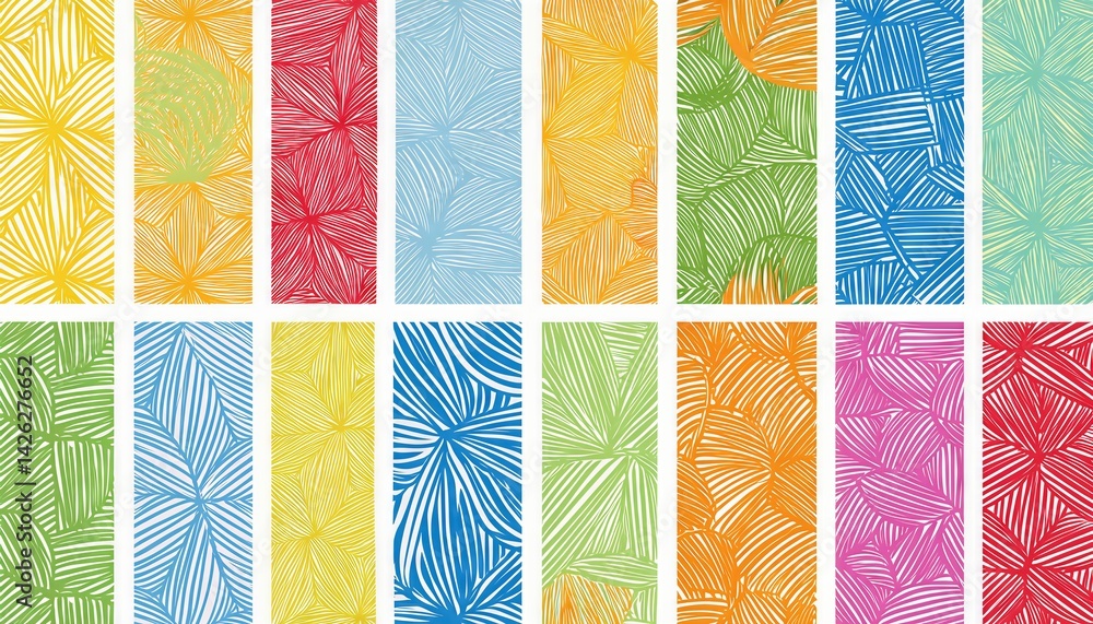 Poster vibrant line doodle seamless pattern lively colors and geometric shapes intertwining to create a joy