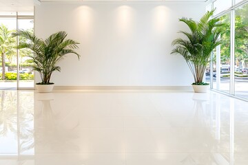 Empty modern lobby with plants, large windows, and shiny floor