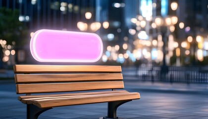 Empty park bench with glowing pink sign at night