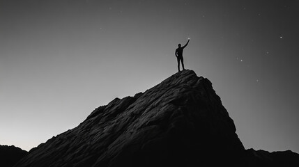 A lone figure stands atop a rocky mountain peak during twilight