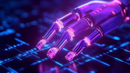 Futuristic robotic hand interacts with glowing digital interface