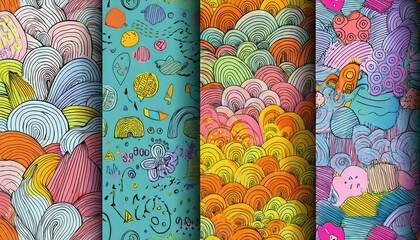 Vibrant Colourful Line Doodle Seamless Pattern A Joyous Kaleidoscope of Energy in a Whimsical Artistic Landscape, Perfect for Digital Art, Home Decor, and Design Inspiration.