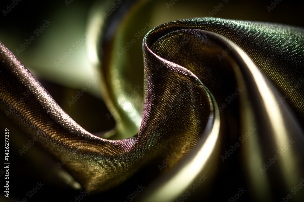 Poster close up of shimmering fabric displaying elegant folds and rich colors in soft lighting