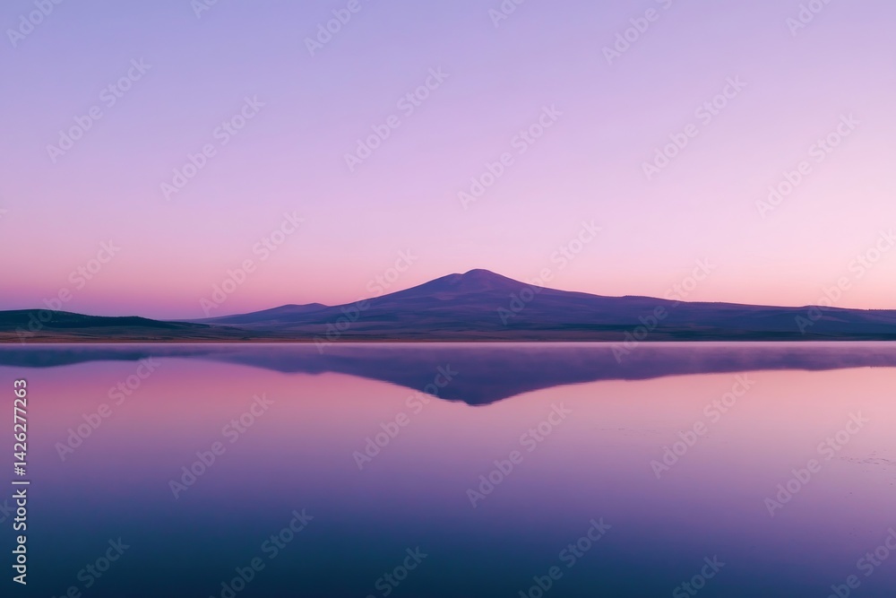Poster a still lake mirrors a jagged mountain range as twilight casts soft purple and orange hues, creating