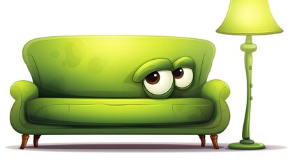 Charming green sofa with adorable standing lamp, home decor concept