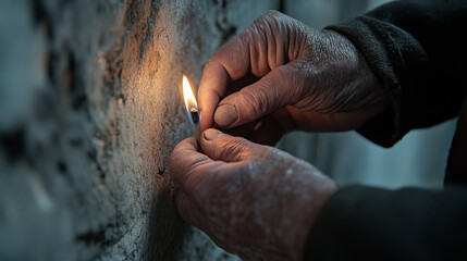 In a quiet, dimly lit space, hands gently strike a match against a rough wall, igniting a small flame. This simple act portrays determination and the hope for light in darkness