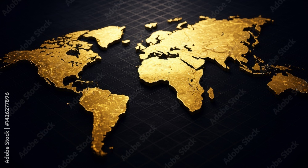 Aufkleber golden world map - a 3d of a golden world map on a dark background. ideal for concepts of global bus