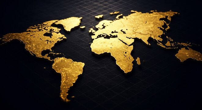 Fototapeta Golden World Map - A 3D of a golden world map on a dark background. Ideal for concepts of global business, travel, or finance