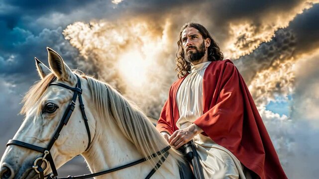 Jesus Christ wearing a blood red cloak sitting on a white horse 4K