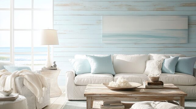 Calm, coastal-themed living room with whitewashed wood, light blues, and beachy textures