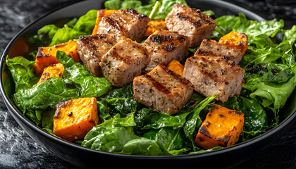Grilled Pork Cubes With Roasted Sweet Potato Salad On Dark Bowl