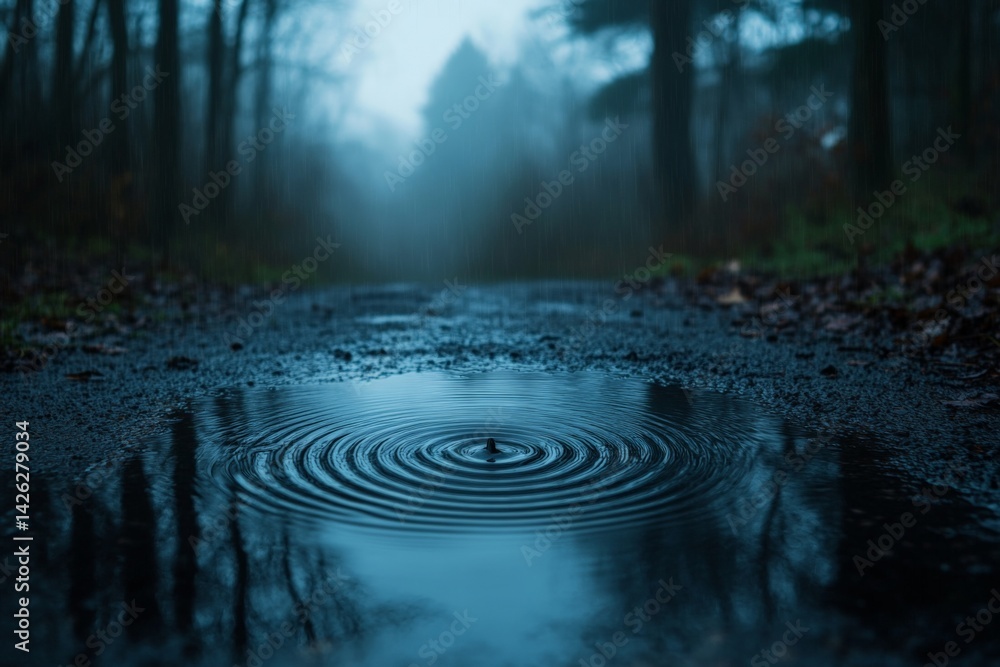 Aufkleber Foggy forest path with raindrops creating ripples on a puddle during twilight hours