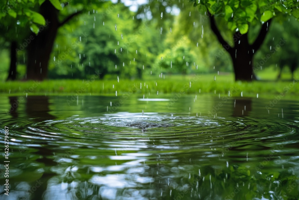 Poster raindrops create ripples on the calm water surface in a serene park during a rainy afternoon