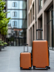 Fototapeta premium Blurred luggage and suitcase near modern hotel, clean and elegant composition 