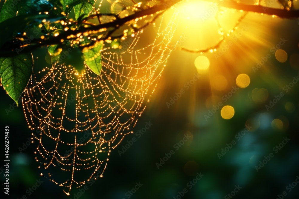 Aufkleber Sunlight illuminating a spider web adorned with dew drops in a serene forest setting at dawn