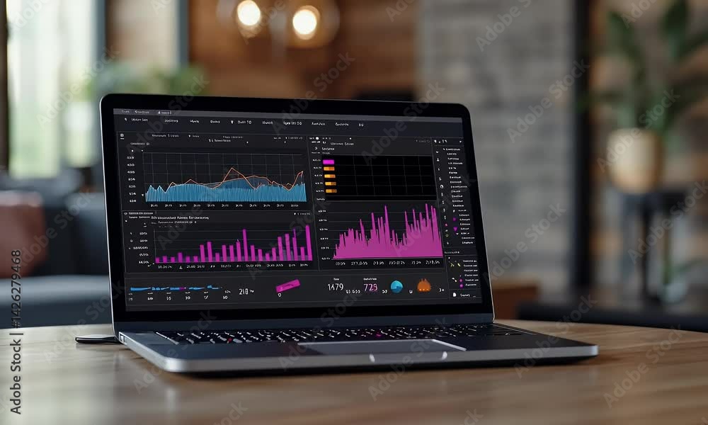 Poster a sleek laptop displays the stock market on its screen, with graphs and data visualizations. the bac