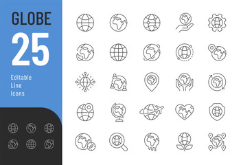 Globe Line Editable Icons set. Vector illustration in modern thin line style of Earth related icons: ecology, care, location, and more. Isolated on white background.