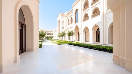 Obraz premium Sunlit courtyard with arched walkways, lush greenery, and ornate tile flooring