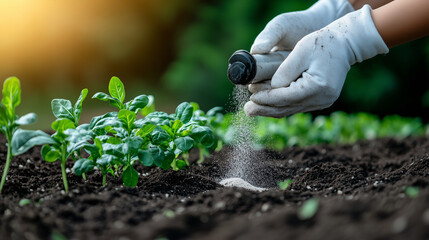 A high-angle shot of a gardener applying diatomaceous earth to the base of leafy salad plants. The surrounding soil is rich and healthy, symbolizing the benefits of using natural p