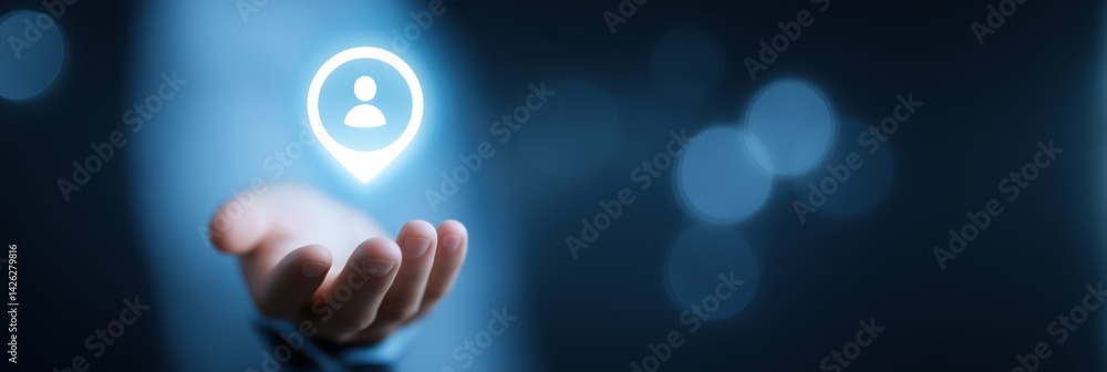 Poster digital hand holding glowing user icon representing online identity and connection in a modern techn