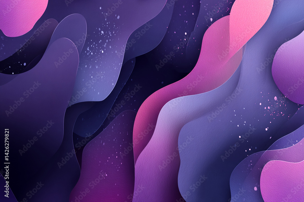 Poster abstract background with purple and pink wavy shapes, textured surface, scattered light dots, creati