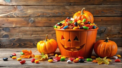A festive autumnal still life featuring a jack-o'-lantern candy bucket overflowing with assorted sweets, surrounded by small pumpkins and fall leaves on a rustic wooden surface.