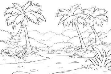 Line art depicting a tranquil tropical scene with palm trees, lush vegetation, and a calm river flowing through a mountainous backdrop