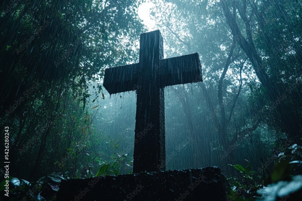 Poster Cross illuminated by rain in a dense forest creates a somber atmosphere of reflection during a mysterious twilight hour