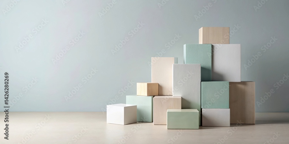 Aufkleber pastel-colored cubic shapes arranged in an ascending pattern against a light-blue backdrop on a neut