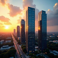 Fototapeta premium High-rise office buildings in financial district, business hub at sunset, downtown, high-rise, architecture