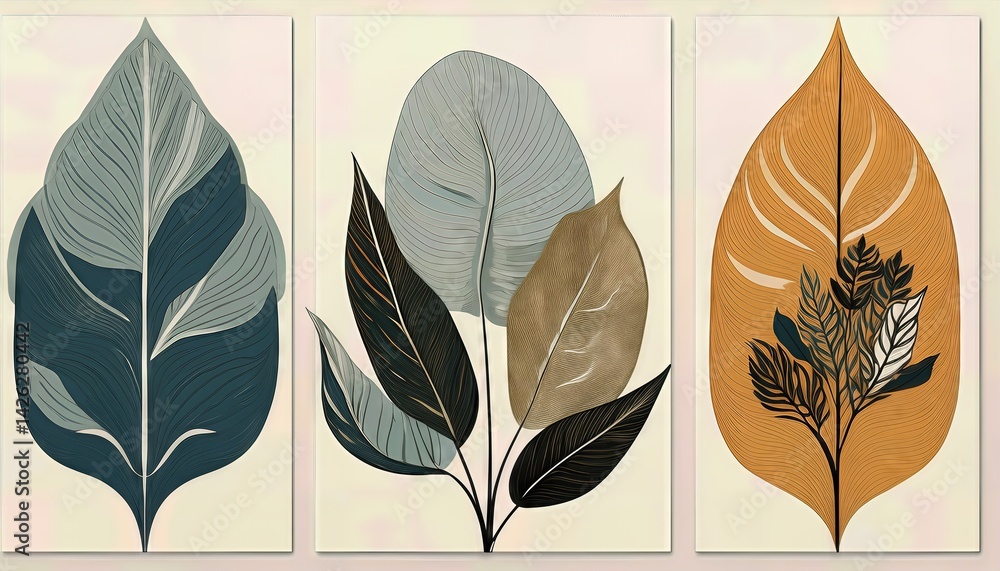 Poster minimalist botanical collage abstract leaves in a soothing monochrome palette, emphasizing textures 