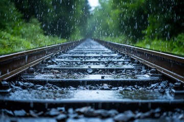 Rain falls on train tracks surrounded by lush greenery during a cloudy day