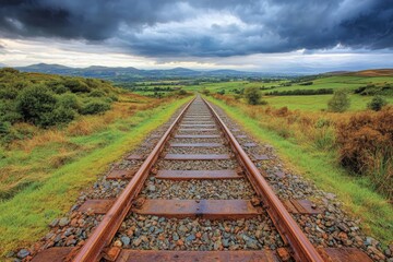 Fototapeta premium Train tracks stretch through green fields under a dramatic sky in a rural landscape