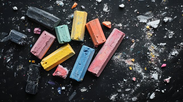 Colorful chalk pieces scattered on a dark surface.
