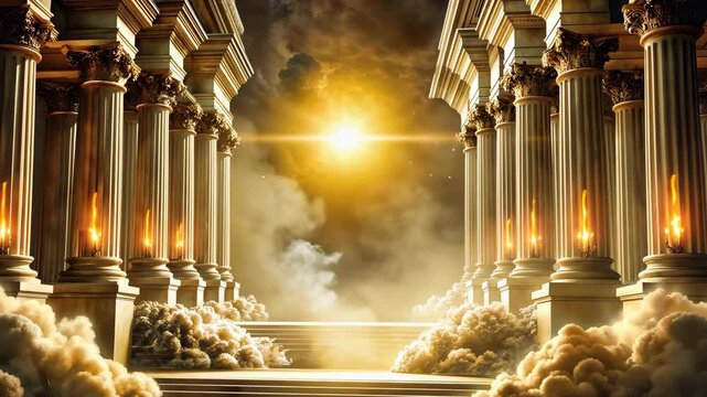 Celestial Sanctuary with tall pillars environment with clouds fog and lighting effects 4K