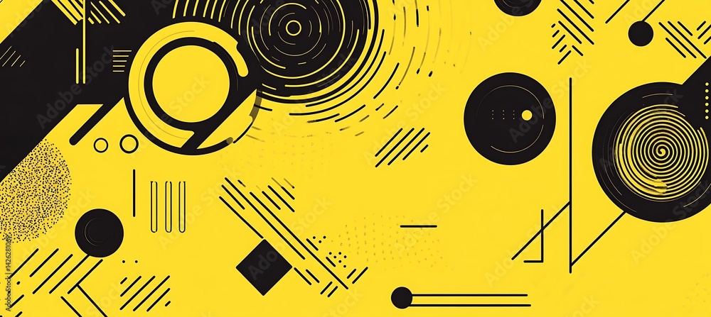 Poster electric yellow abstract background featuring geometric circular and linear elements in a modern fut