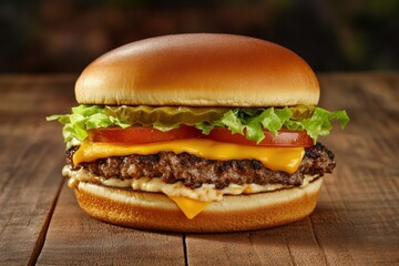 A Delicious Cheeseburger with Toppings on a Wooden Surface