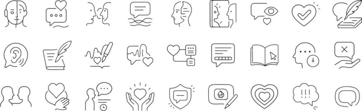 AI emotional dialogue line icon set. Vector pictograms of conversation, empathy, therapy, support chat, feedback, identity, understanding, thin linear illustration.