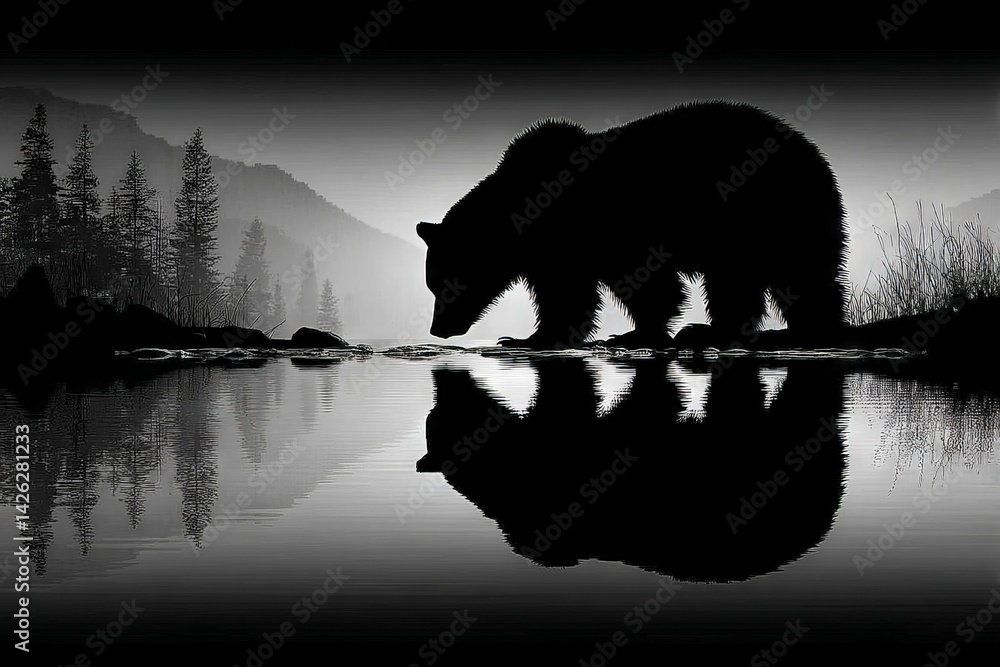 Poster silhouette of a bear drinking water at dawn in a tranquil forest setting
