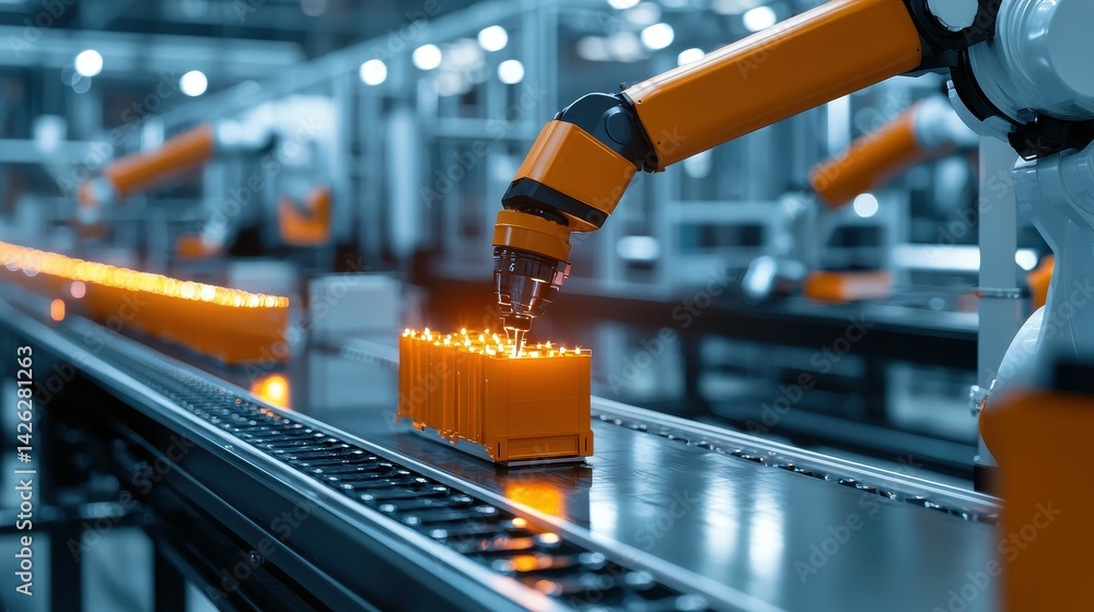 Aufkleber automated robotic arm sorting packages on a conveyor belt in an industrial setting.