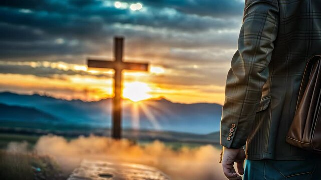 A brave Missionary walking through a field at sunset taking the Word of God 4K