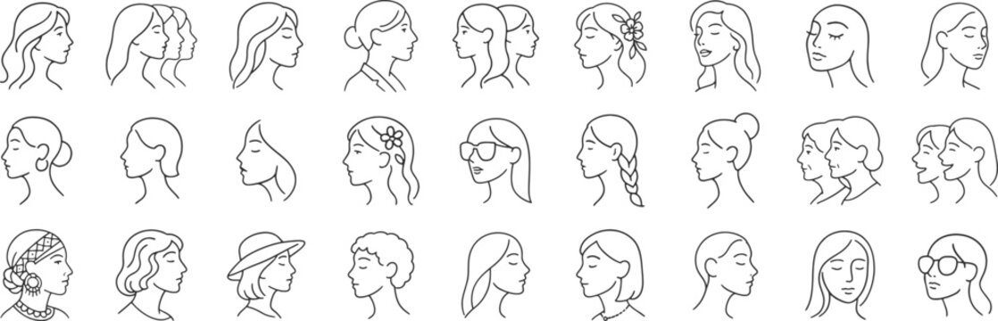 Female head line icon set. Vector pictograms of beauty lady, sunglasses, earrings, ethnic, scarf, hat, expression, elegant, youth woman, modern, thin linear illustration.