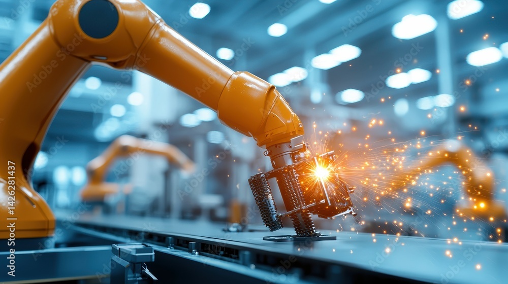 Poster industrial robotic arm creating sparks during a welding process in a modern factory.